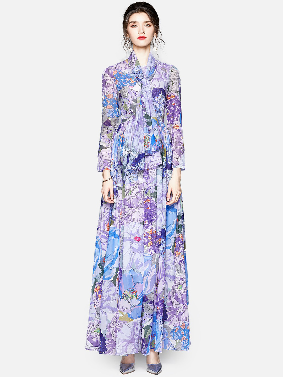 JC Collection Blue Pleated Floral Maxi Dress
