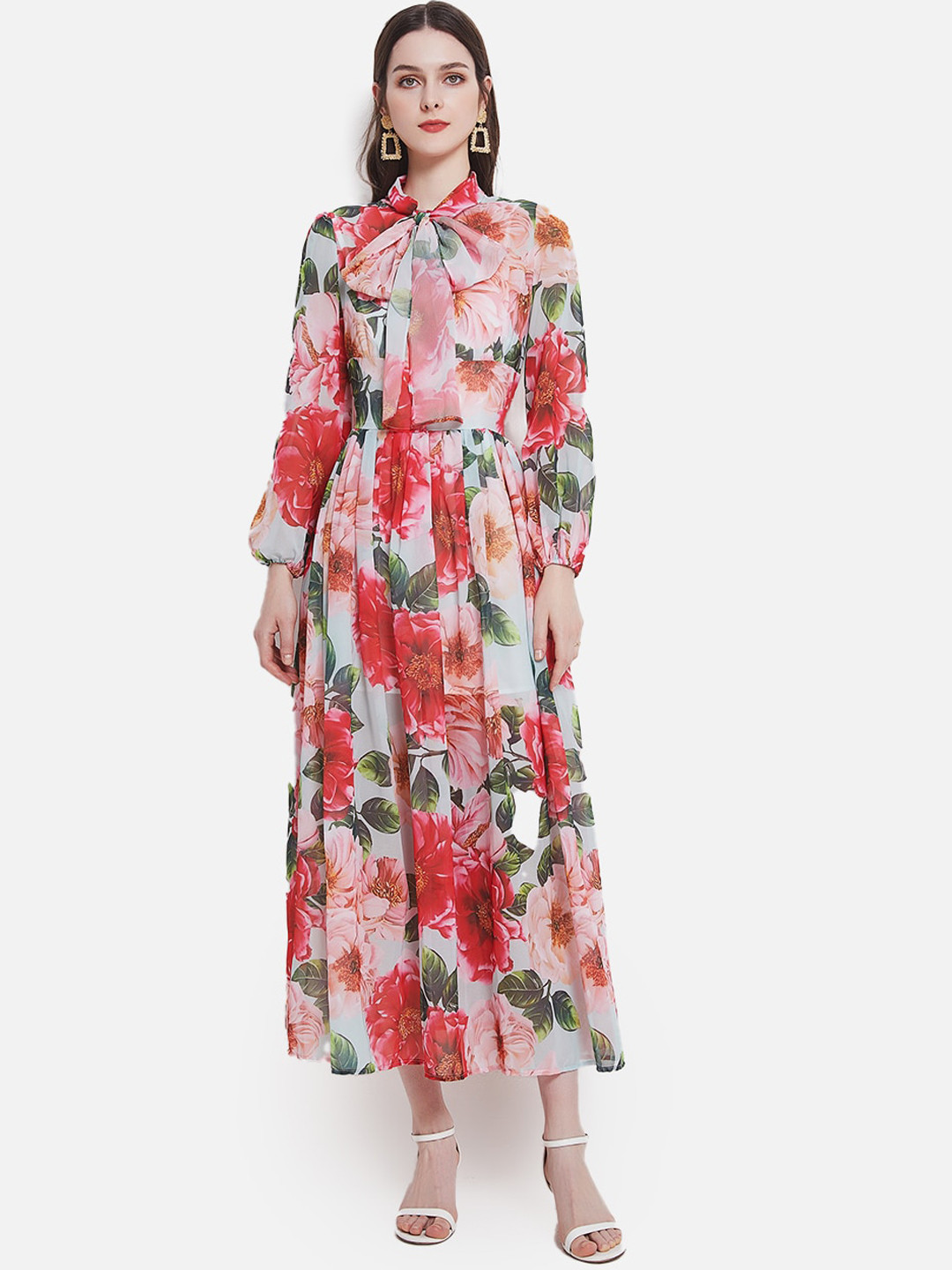 JC Collection Pink Floral Tie-Up Neck Maxi Dress