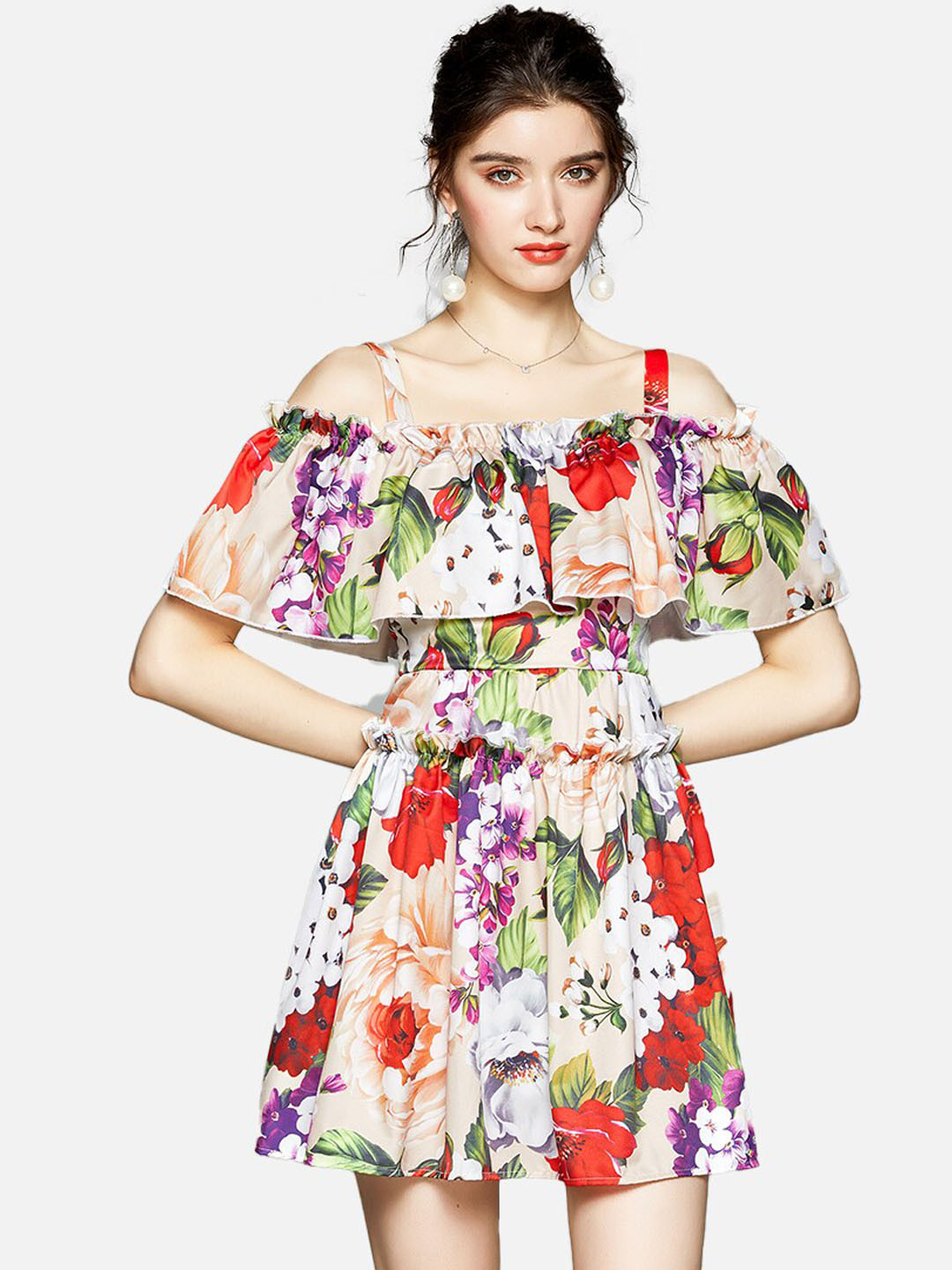 JC Collection Women Multicoloured Floral Off-Shoulder Mini Dress