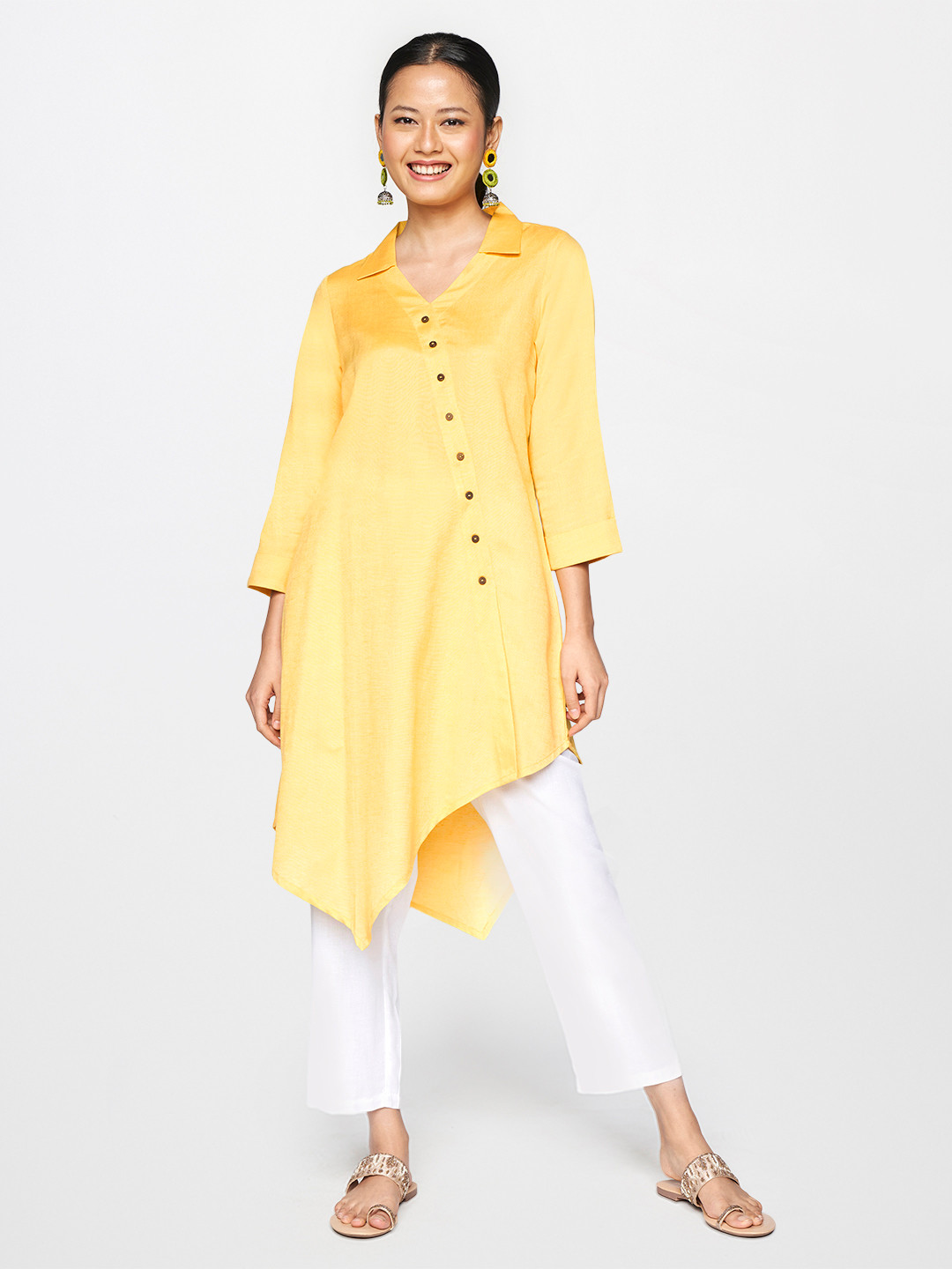 Global Desi Yellow Shirt Collar Asymmetric Tunic
