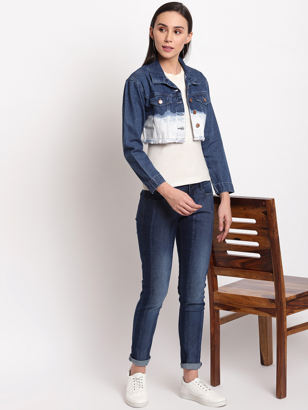 TALES & STORIES Women Blue White Washed Lightweight Crop Denim Jacket