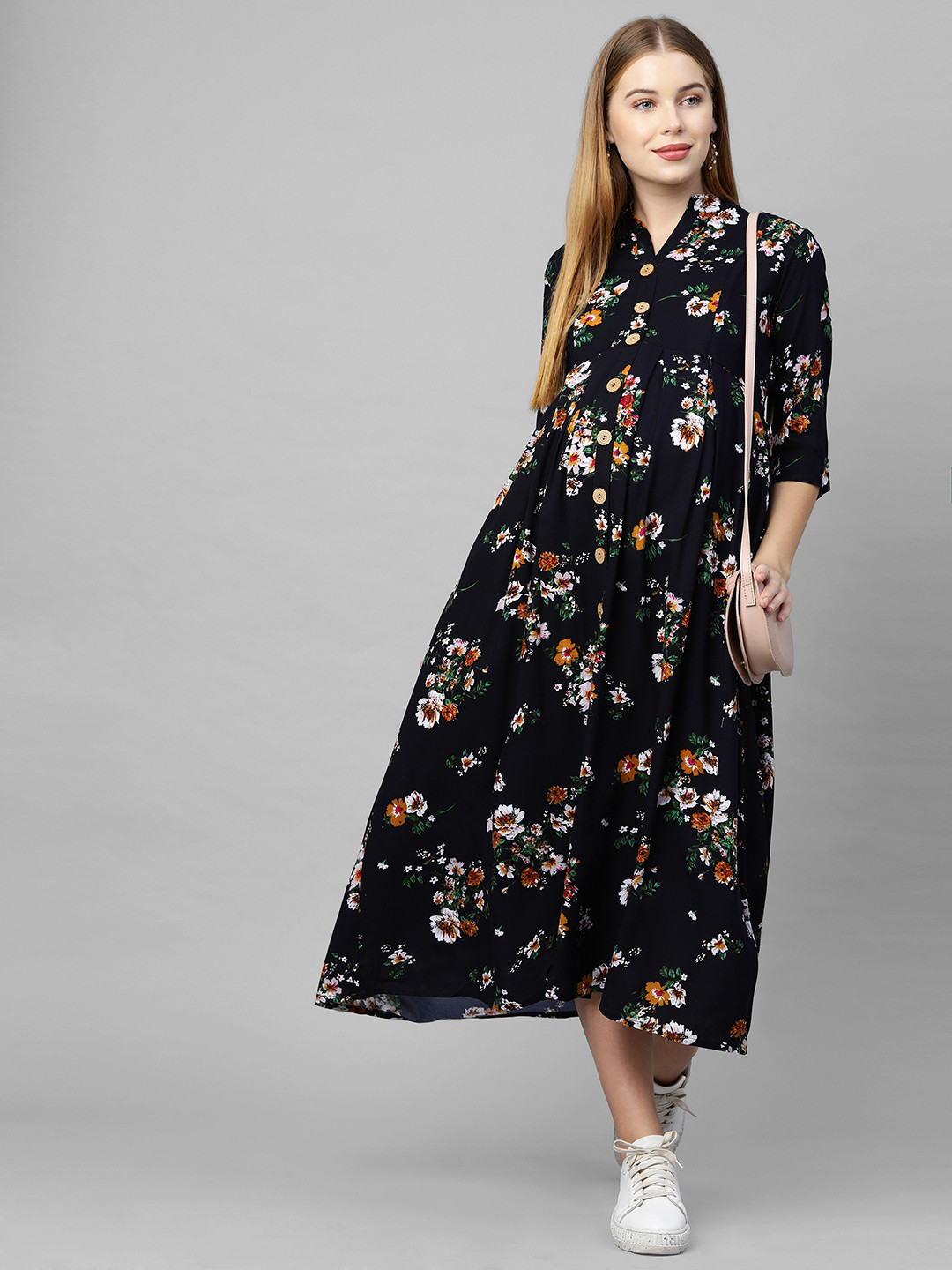 MomToBe Women Navy Blue  White Floral Maternity A-Line Midi Nursing Dress