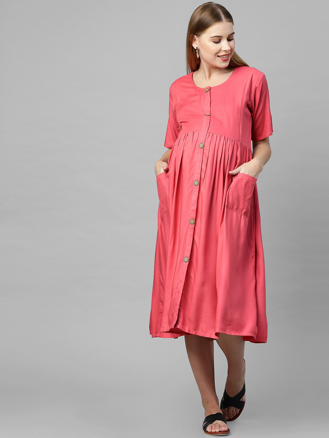 MomToBe Peach-Coloured Solid Maternity Nursing A-Line Midi Dress