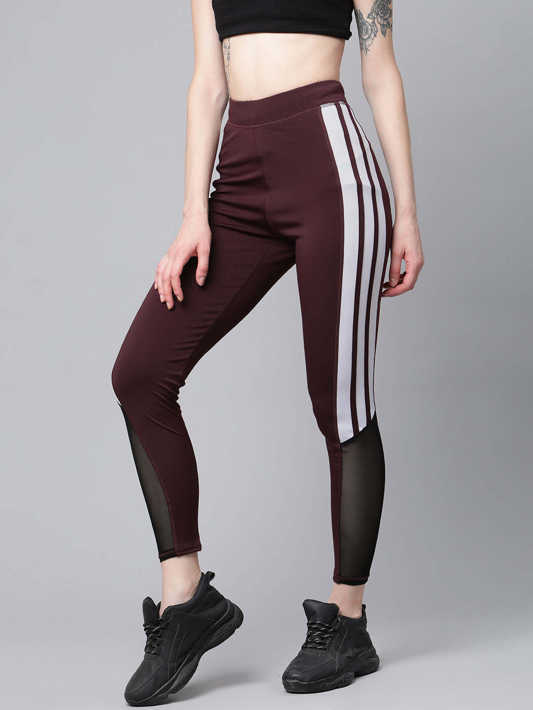 Blinkin Women Burgundy & White High-Rise Side Striped Gym Tights