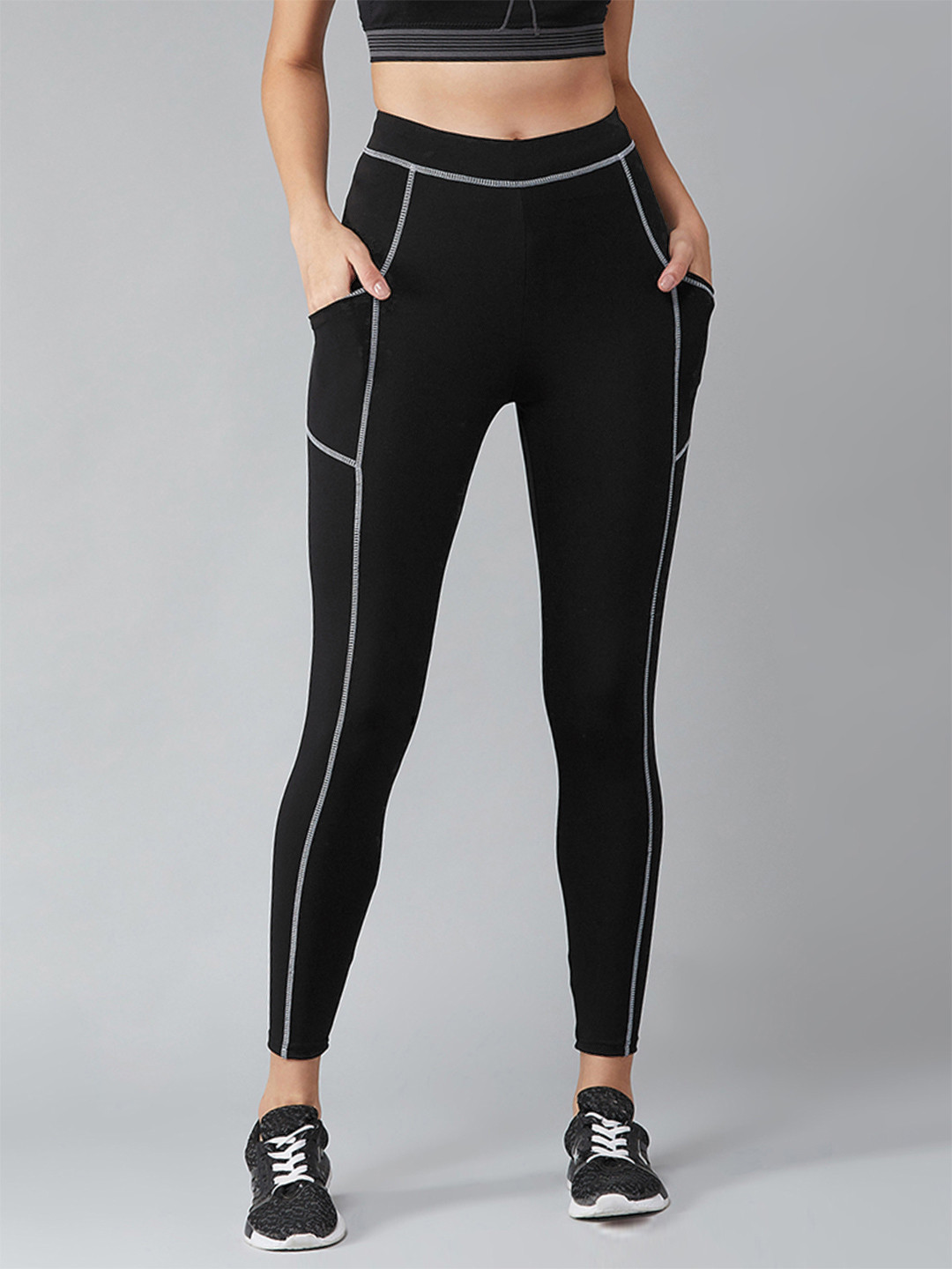 Blinkin Women Black Solid Training Tights with Contrast Thread Detail