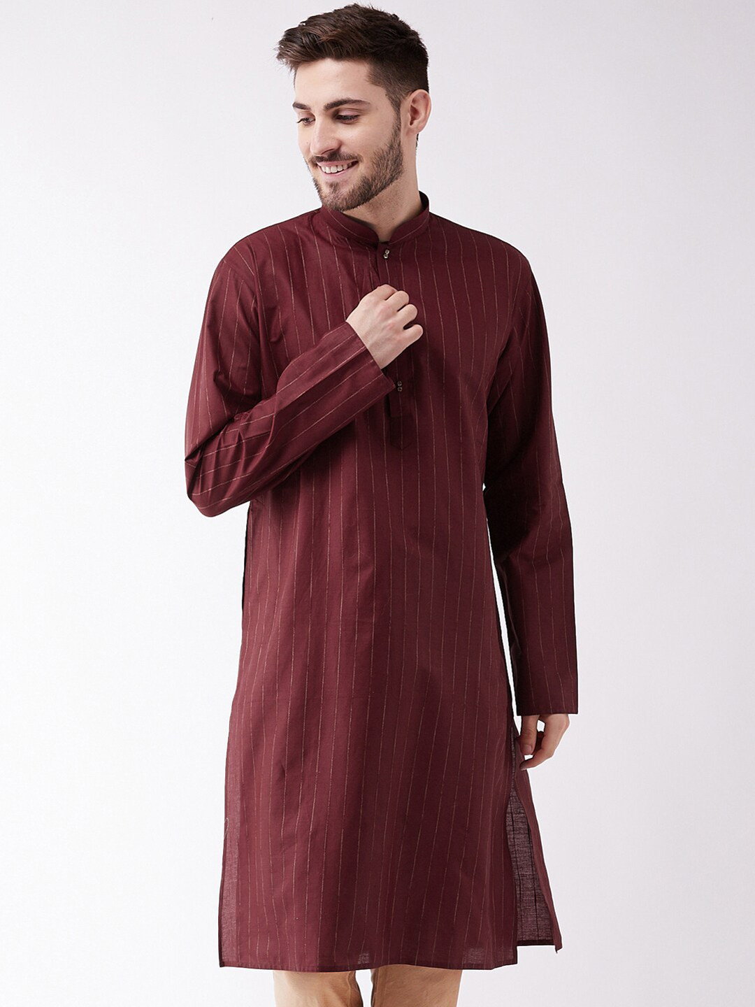 VASTRAMAY Men Maroon & Gold-Toned Striped Thread Work Kurta