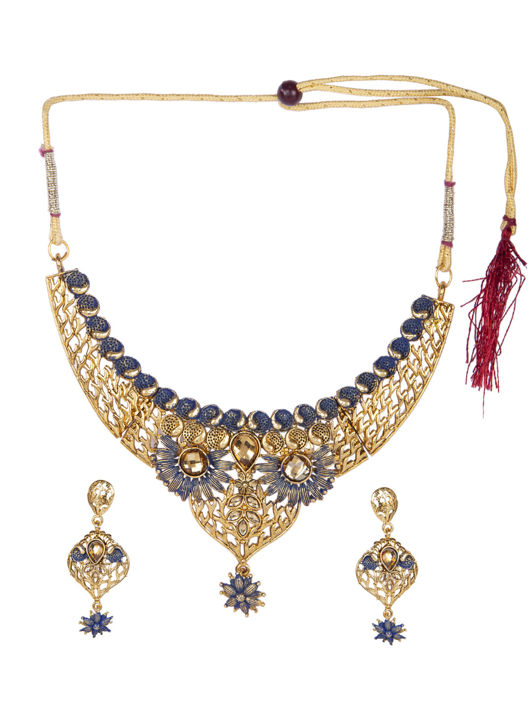 ANIKAS CREATION Gold-Plated & Blue Traditional Kundan Meenakari Jewellery Set