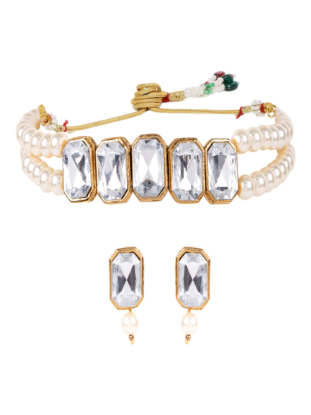 ANIKAS CREATION White Stone Studded Gold-Plated Pearl String Jewellery Set