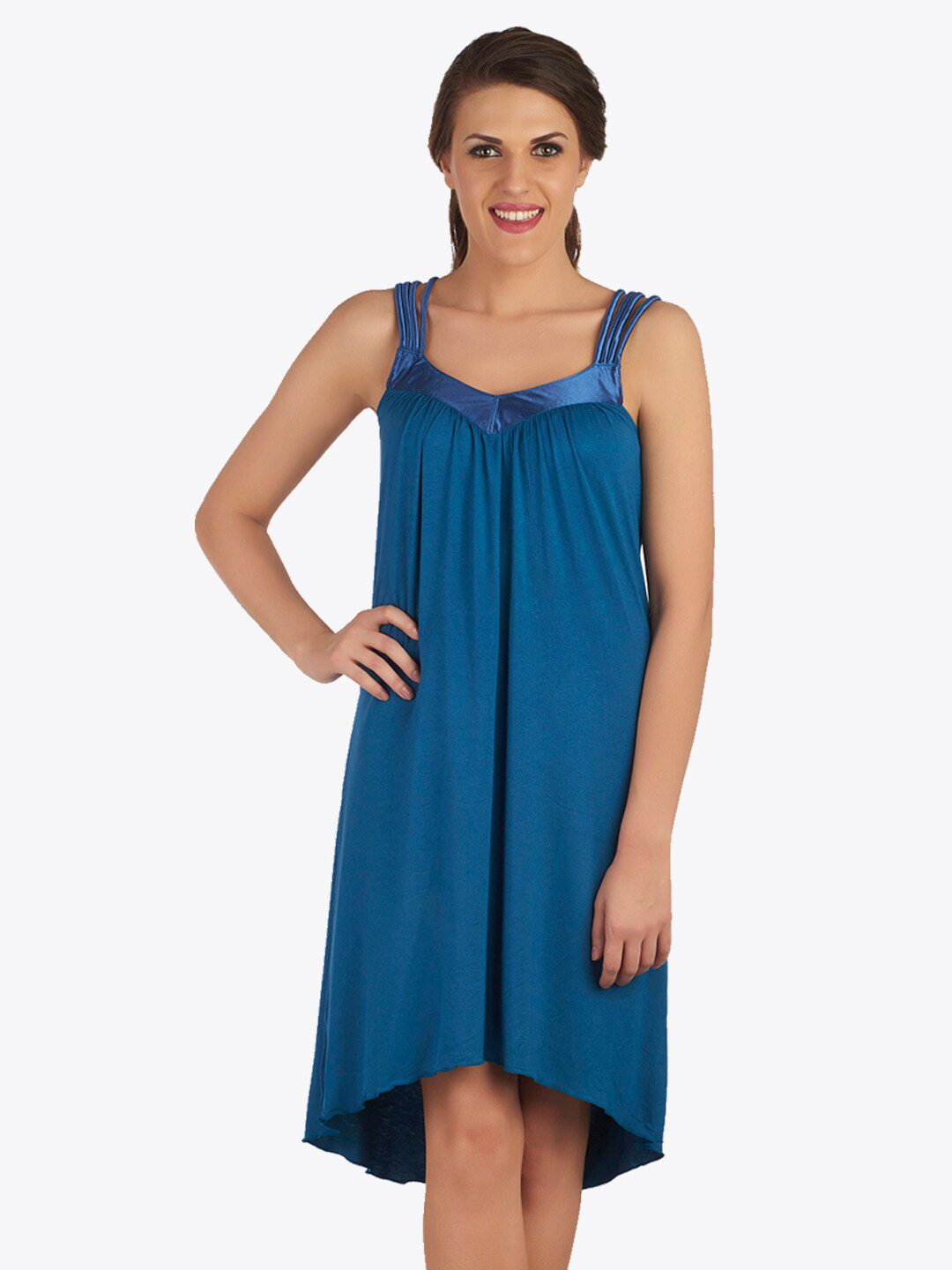Soie Blue Solid Satin Styled Neckline Sleeveless Knee Length Viscose Nightdress