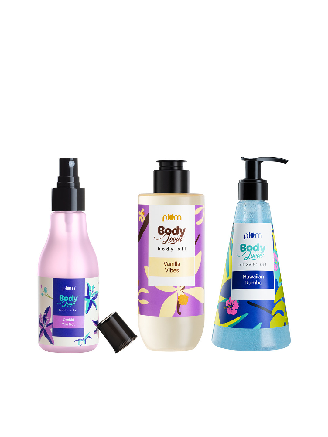 Plum Set of BodyLovin Vanilla Vibes Body Oil with Shower Gel & Orchid-You-Not Body Mist