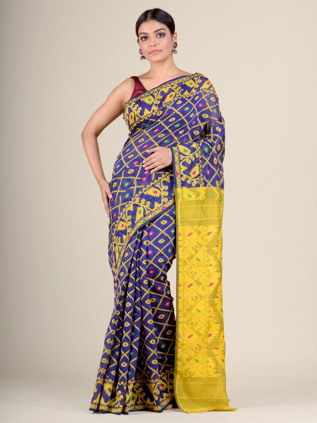 Charukriti Blue & Yellow Ethnic Motifs Jamdani Saree