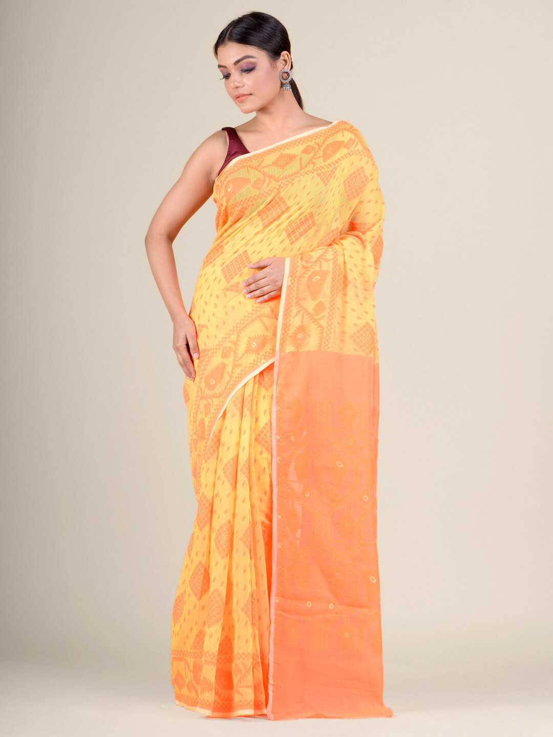 Charukriti Yellow & White Woven Design Jamdani Saree