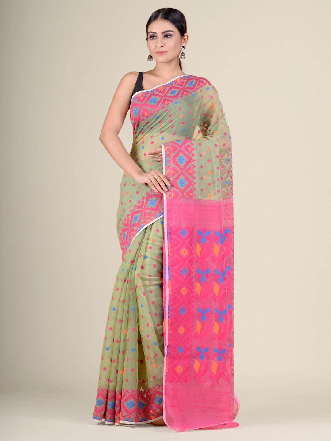 Charukriti Green & Fuchsia Jamdani Saree
