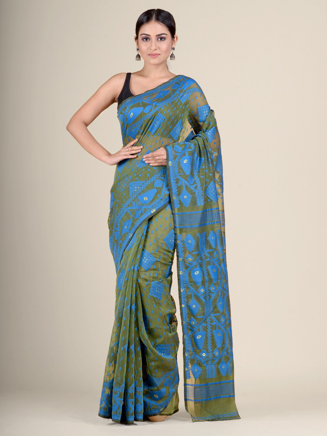 Charukriti Green & Blue Woven Design Jamdani Saree
