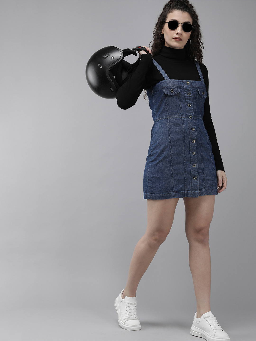 Roadster Womens Indigo Solid Above Knee Length Dungarees