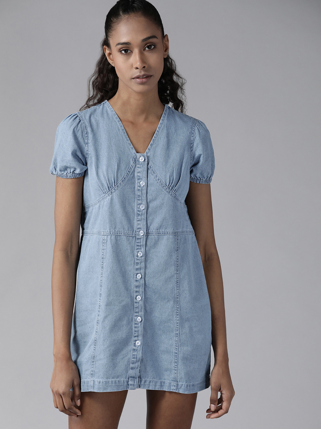 Roadster Women Blue Pure Solid Denim Dress