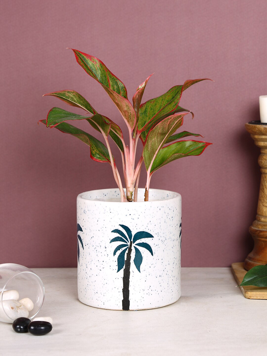 Aapno Rajasthan White & Green Tree Printed Ceramic Planter