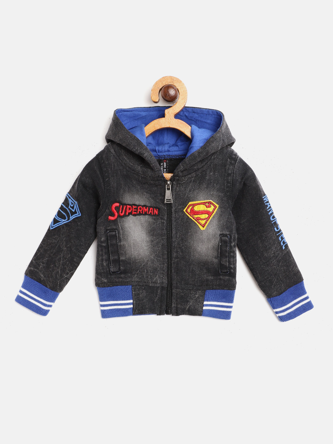 GAME BEGINS Boys Charcoal Grey Cotton Washed Hooded Bomber Denim Jacket with Patchwork