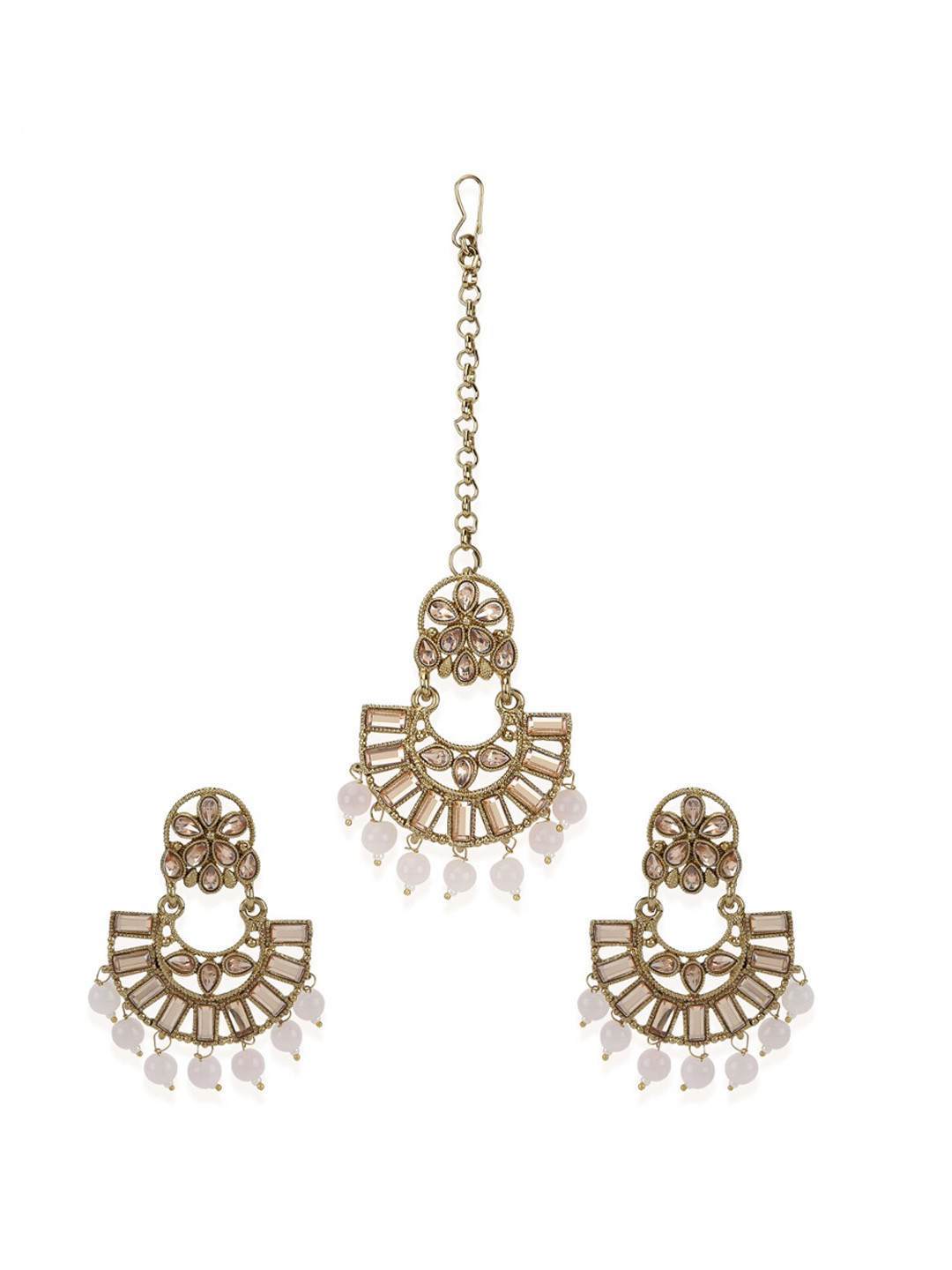 ANIKAS CREATION Gold-Plated Floral Kundan Pearl Earrings With Maang Tika