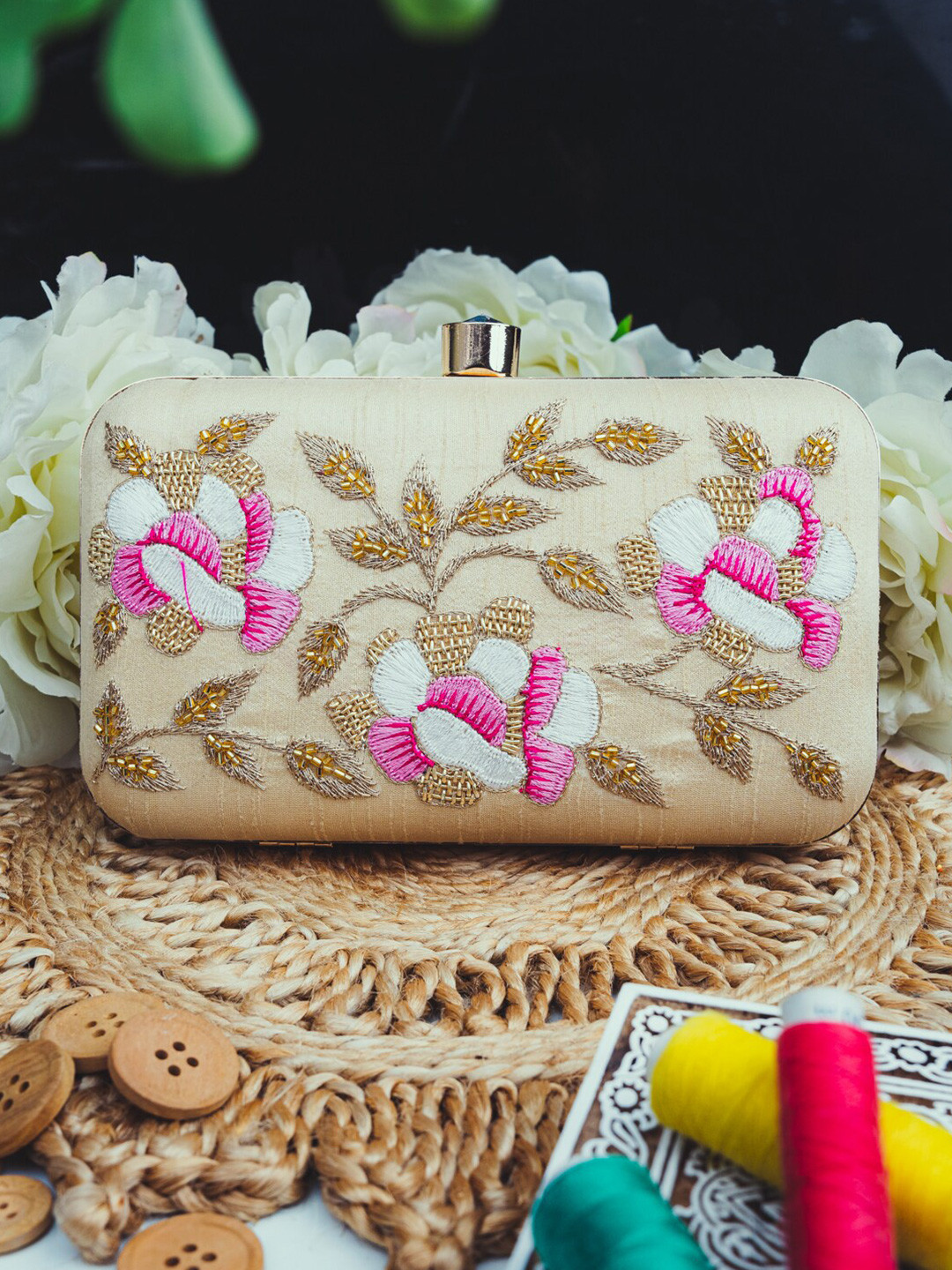 NR By Nidhi Rathi Women Beige & Pink Hand Embroidered Box Clutch
