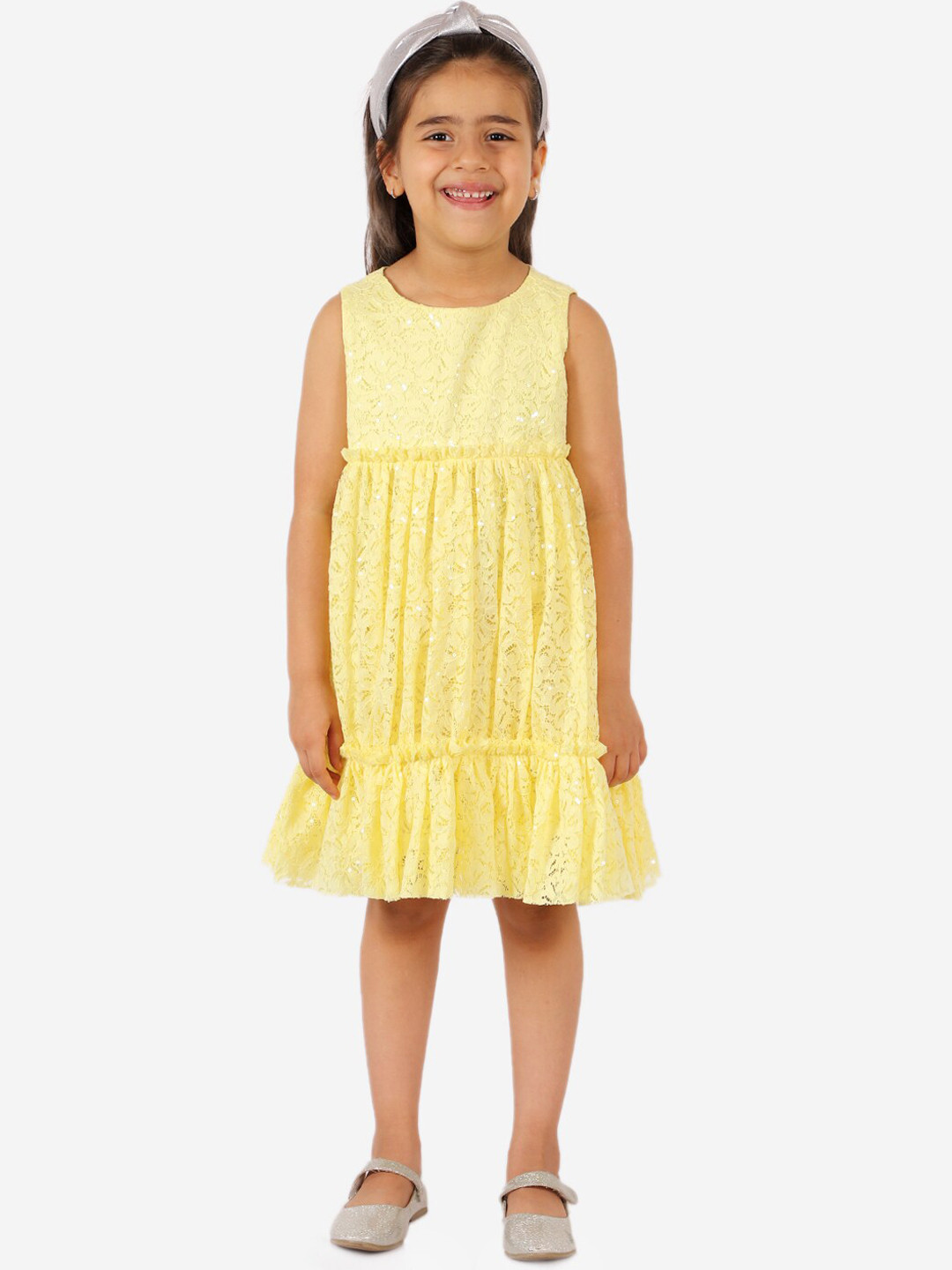 KidsDew Girls Yellow Floral Net Peplum Dress