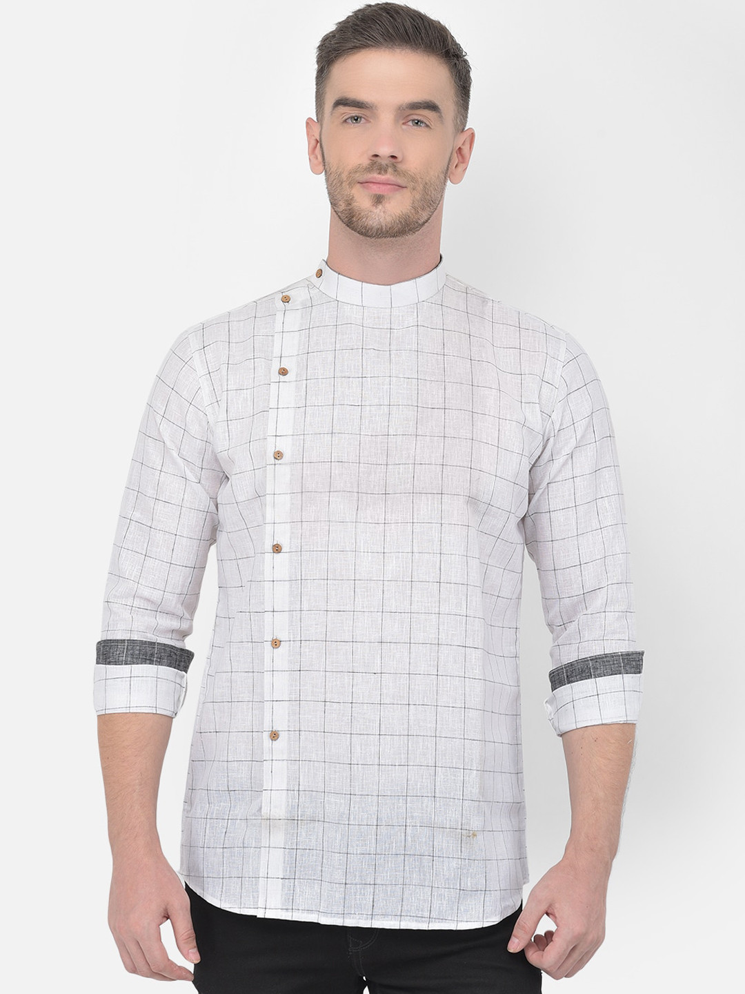 TABARD Men White & Grey Cotton Linen Checks Kurta