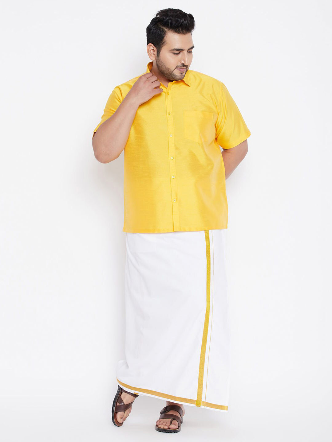 VASTRAMAY Men Yellow & White Shirt with Dhoti