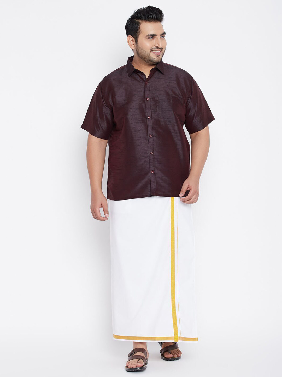 VASTRAMAY Men Burgundy & White Shirt with Dhoti
