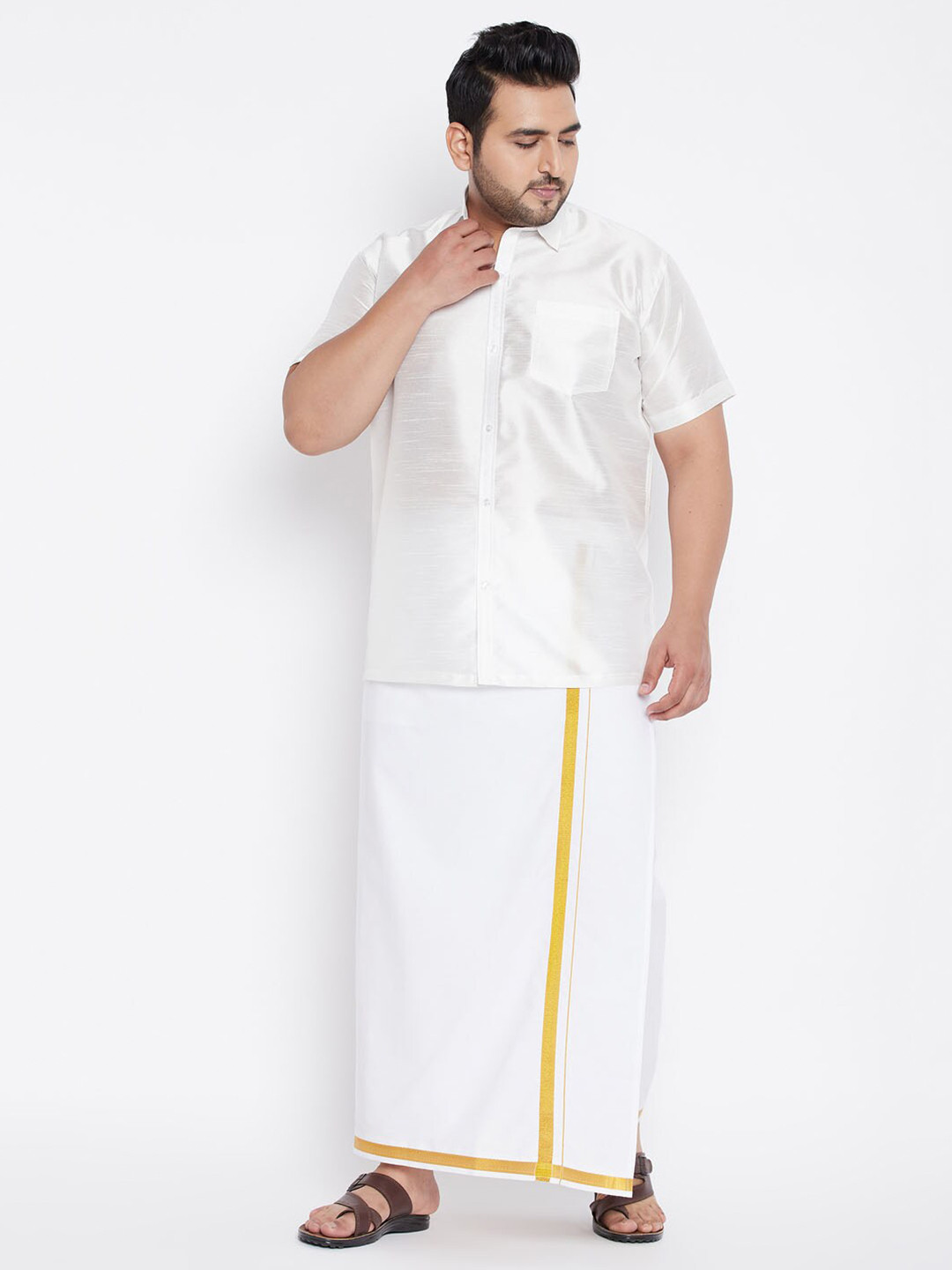 VASTRAMAY Men White & Gold-Coloured Shirt with Dhoti