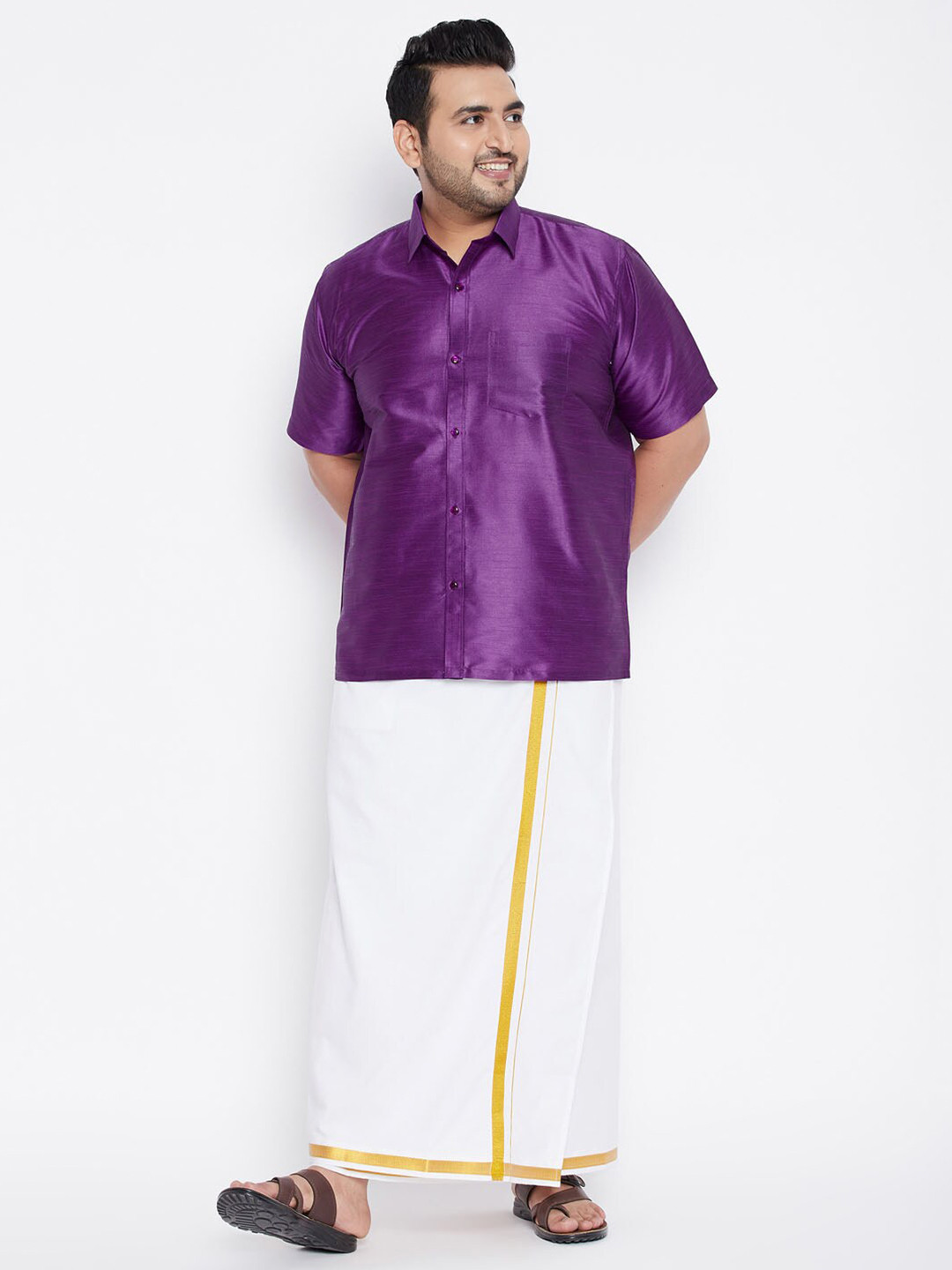VASTRAMAY Men Purple & White Shirt with Dhoti