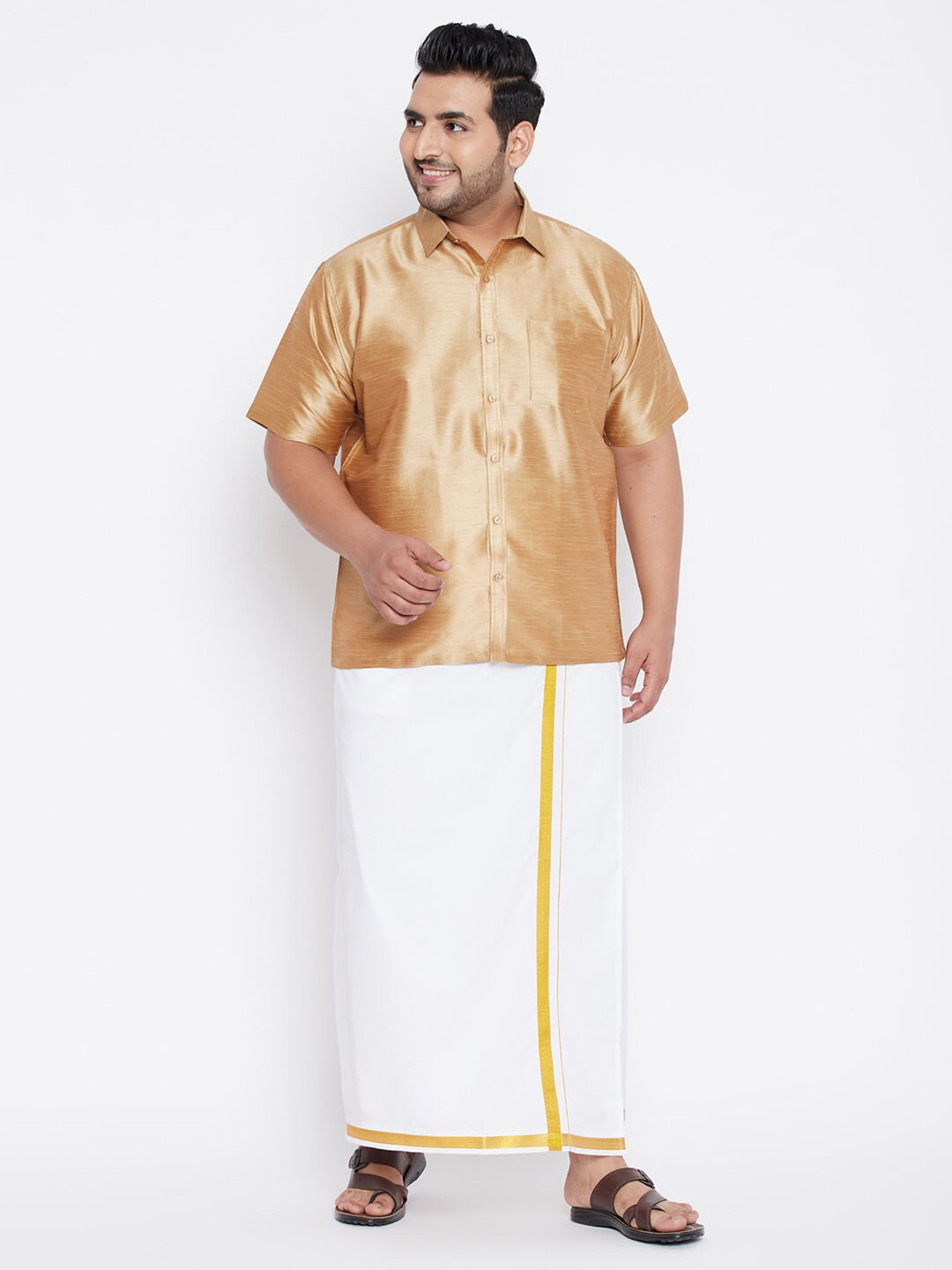 VASTRAMAY Men Gold-Toned & White Shirt with Dhoti Pants