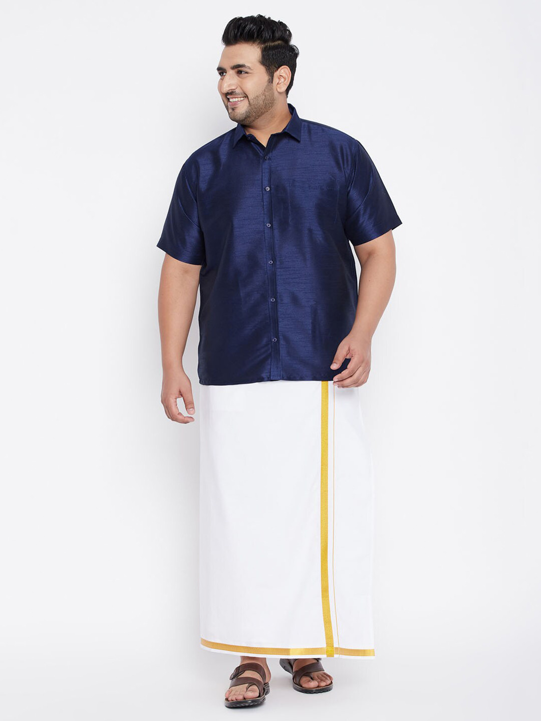 VASTRAMAY Men Navy Blue & White Shirt with Dhoti