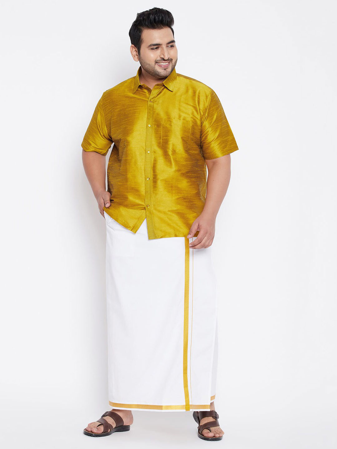 VASTRAMAY Men Mustard Yellow & White Shirt with Dhoti