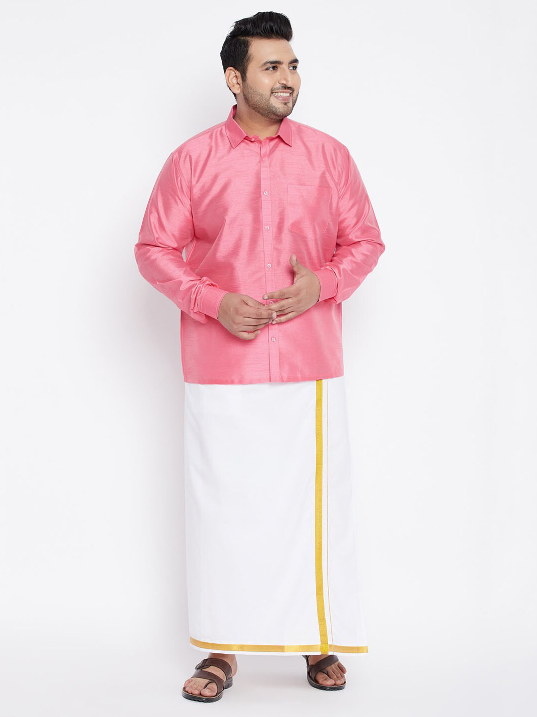 VASTRAMAY Men Pink & White Shirt with Dhoti