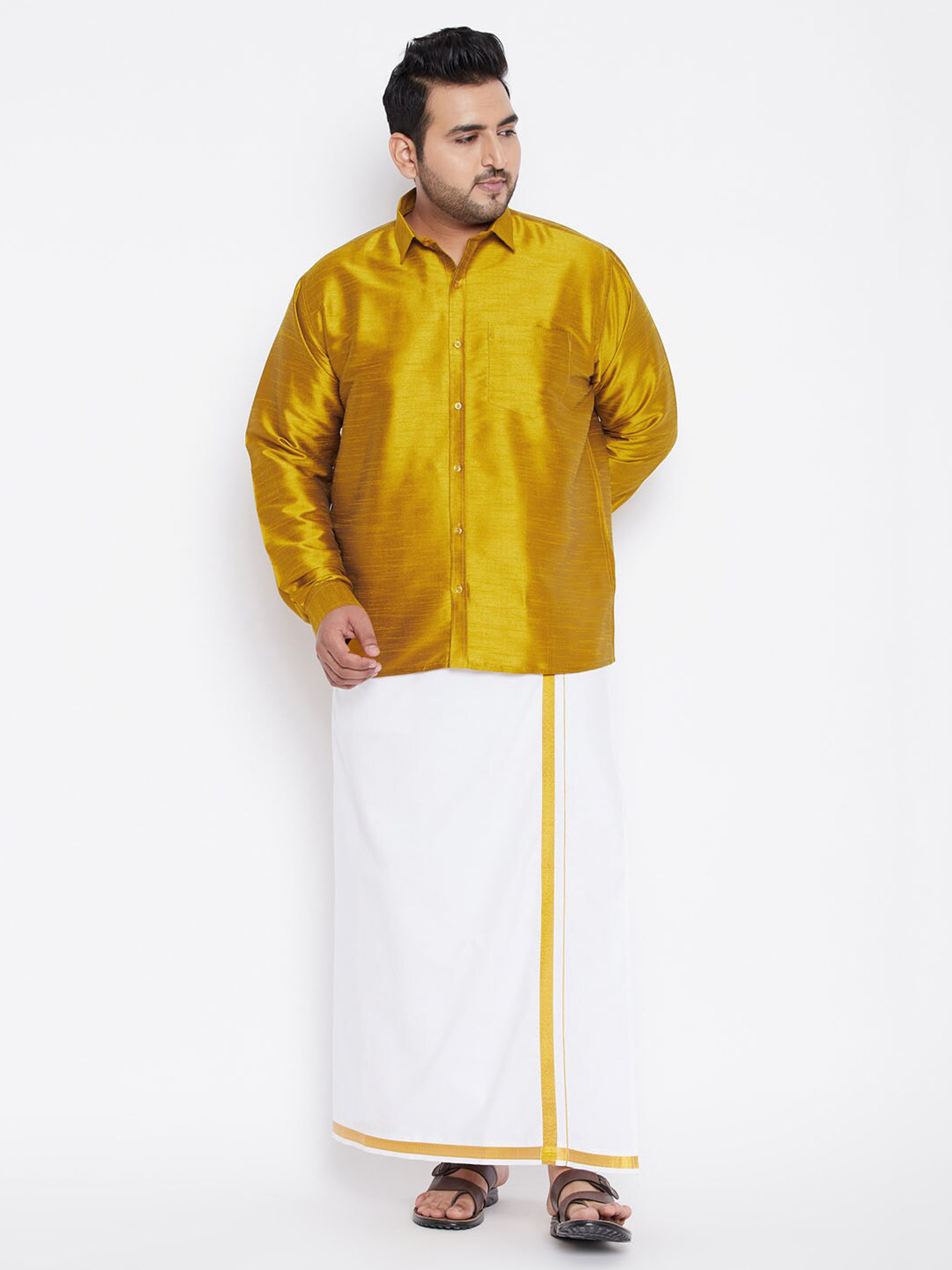 VASTRAMAY Men Mustard Yellow & White Shirt with Dhoti