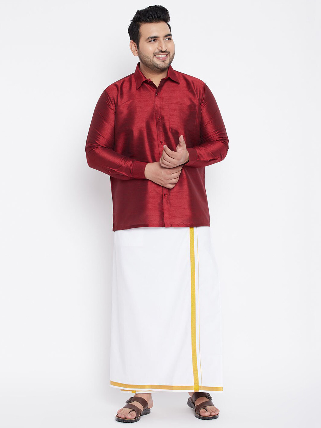 VASTRAMAY Men Maroon & White Shirt with Dhoti