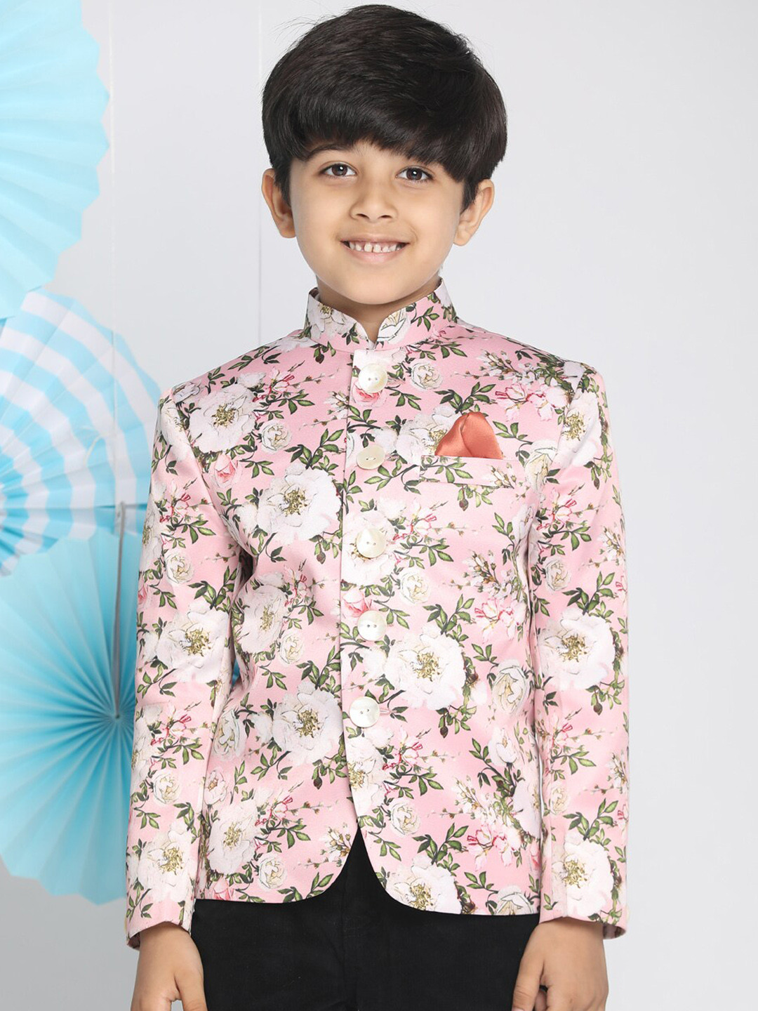 Vastramay Boys Pink Floral Jodhpuri Blazer