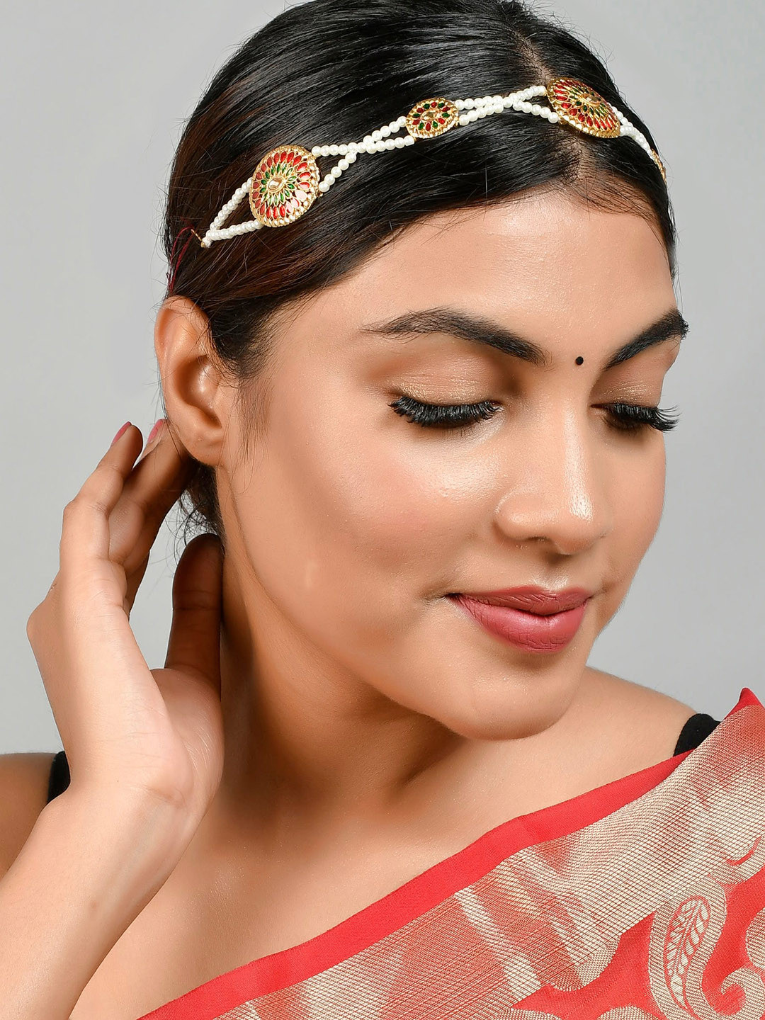 Silvermerc Designs Gold-Plated Red & Green Stone-Studded & Pearl-Beaded Temple Headchain
