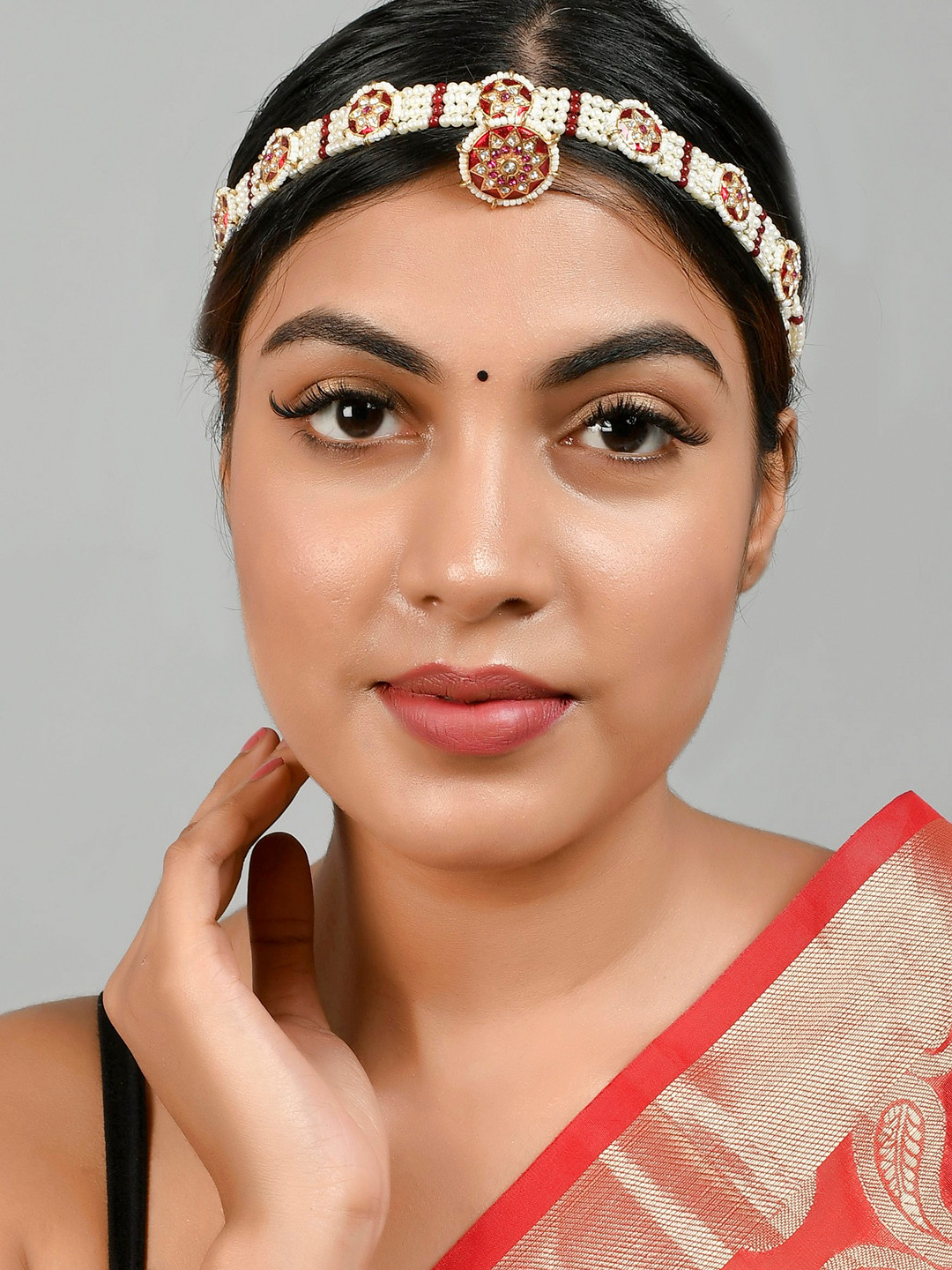 Silvermerc Designs Gold-Plated Red & White Stone-Studded Mathapatti With Borla