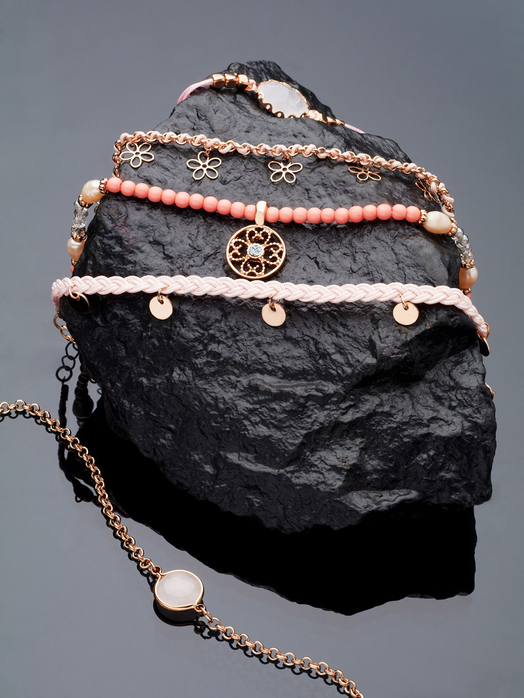 AMI Women Set Of 5 Pink & White Handcrafted Gold-Plated Charm Bracelets