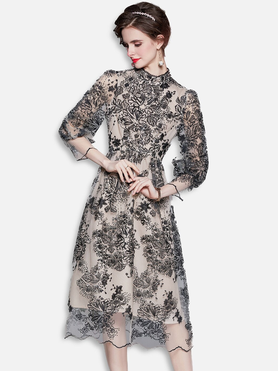 JC Collection Black Animal A-Line Midi Dress