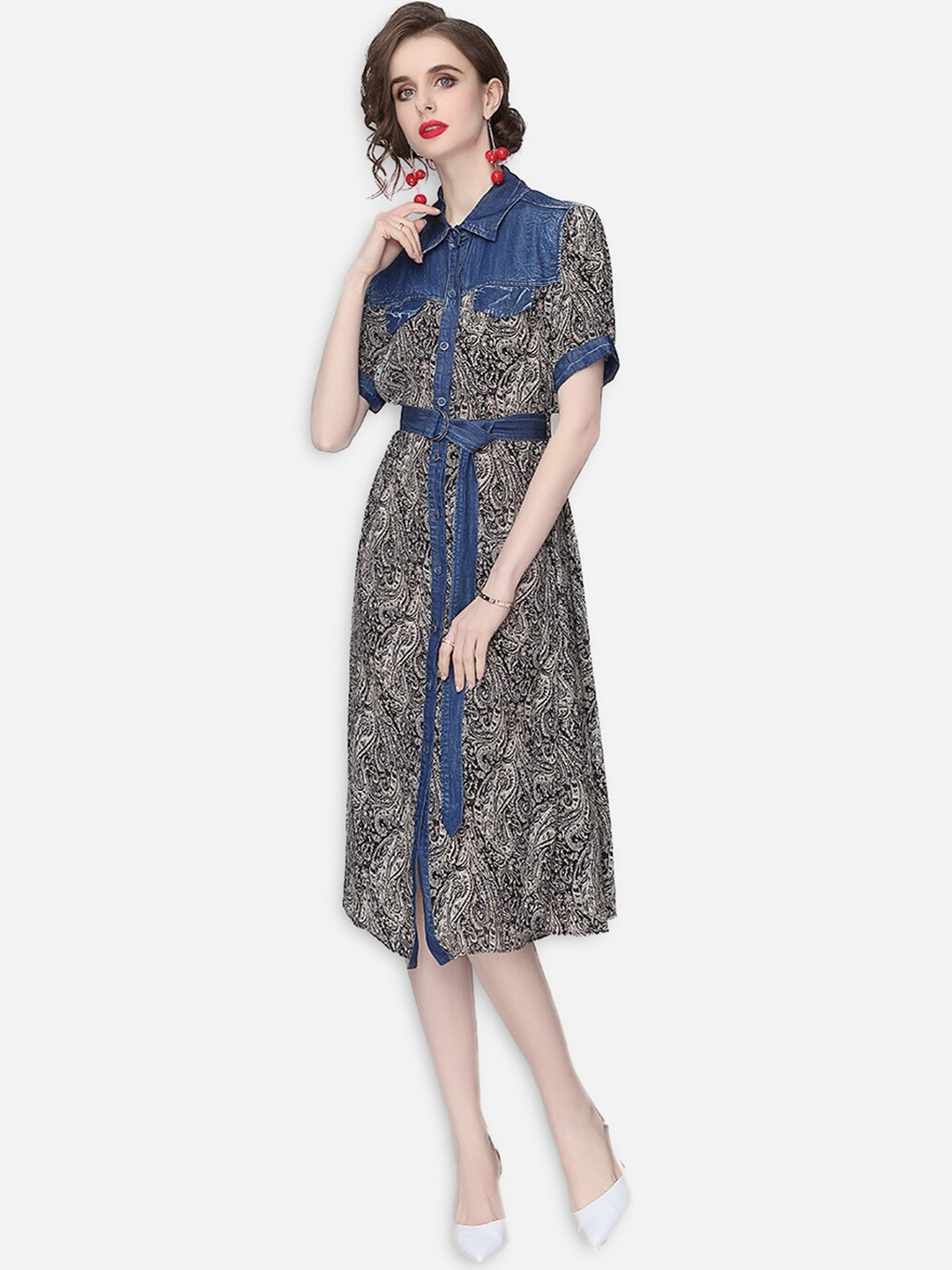 JC Collection Grey Ethnic Motifs Midi Dress