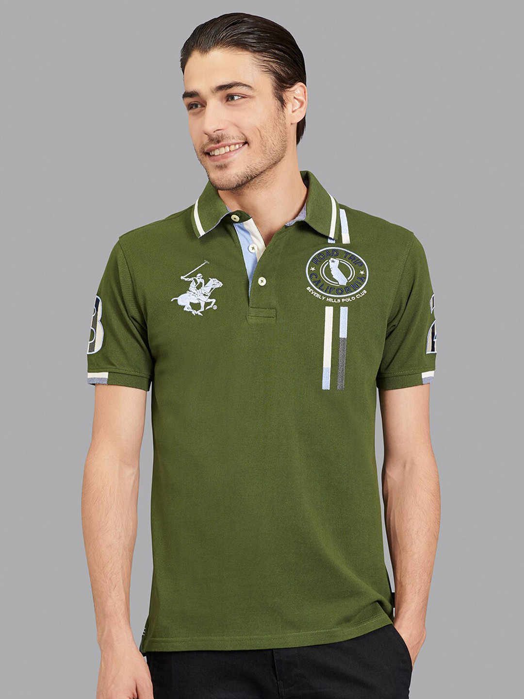 Beverly Hills Polo Club Men Green & White Polo Collar T-shirt