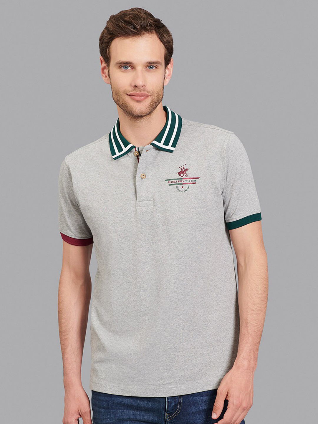 Beverly Hills Polo Club Men Grey & Green Polo Collar T-shirt