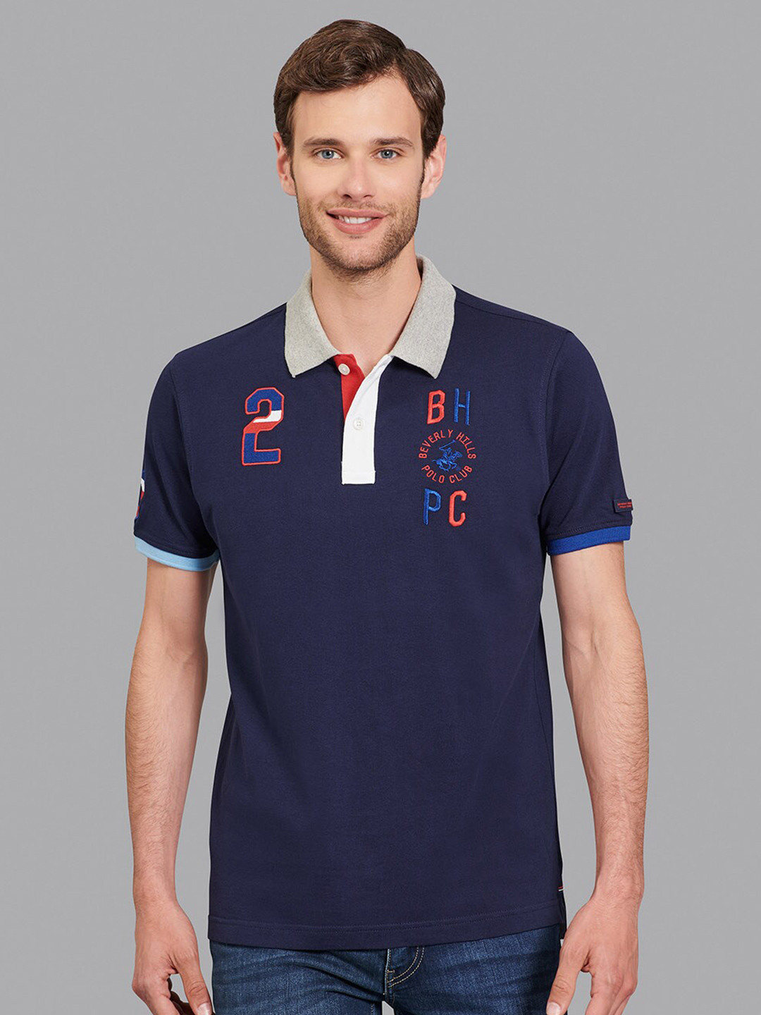 Beverly Hills Polo Club Men Navy Blue & Grey Polo Collar T-shirt