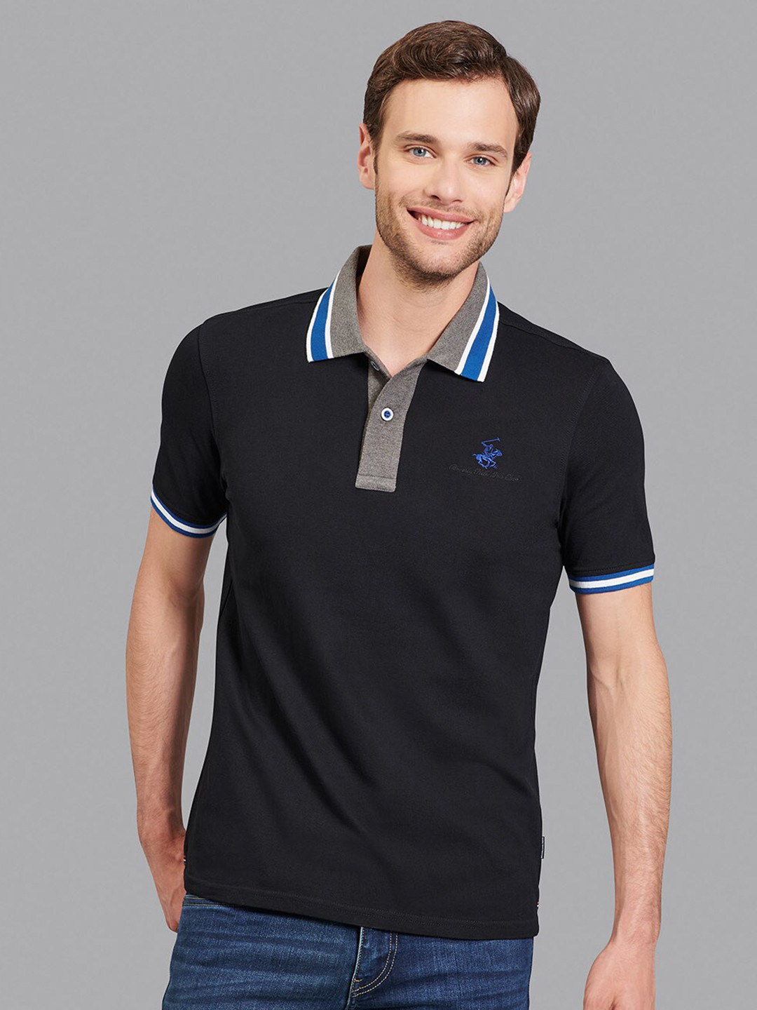 Beverly Hills Polo Club Men Black & Grey Polo Collar T-shirt
