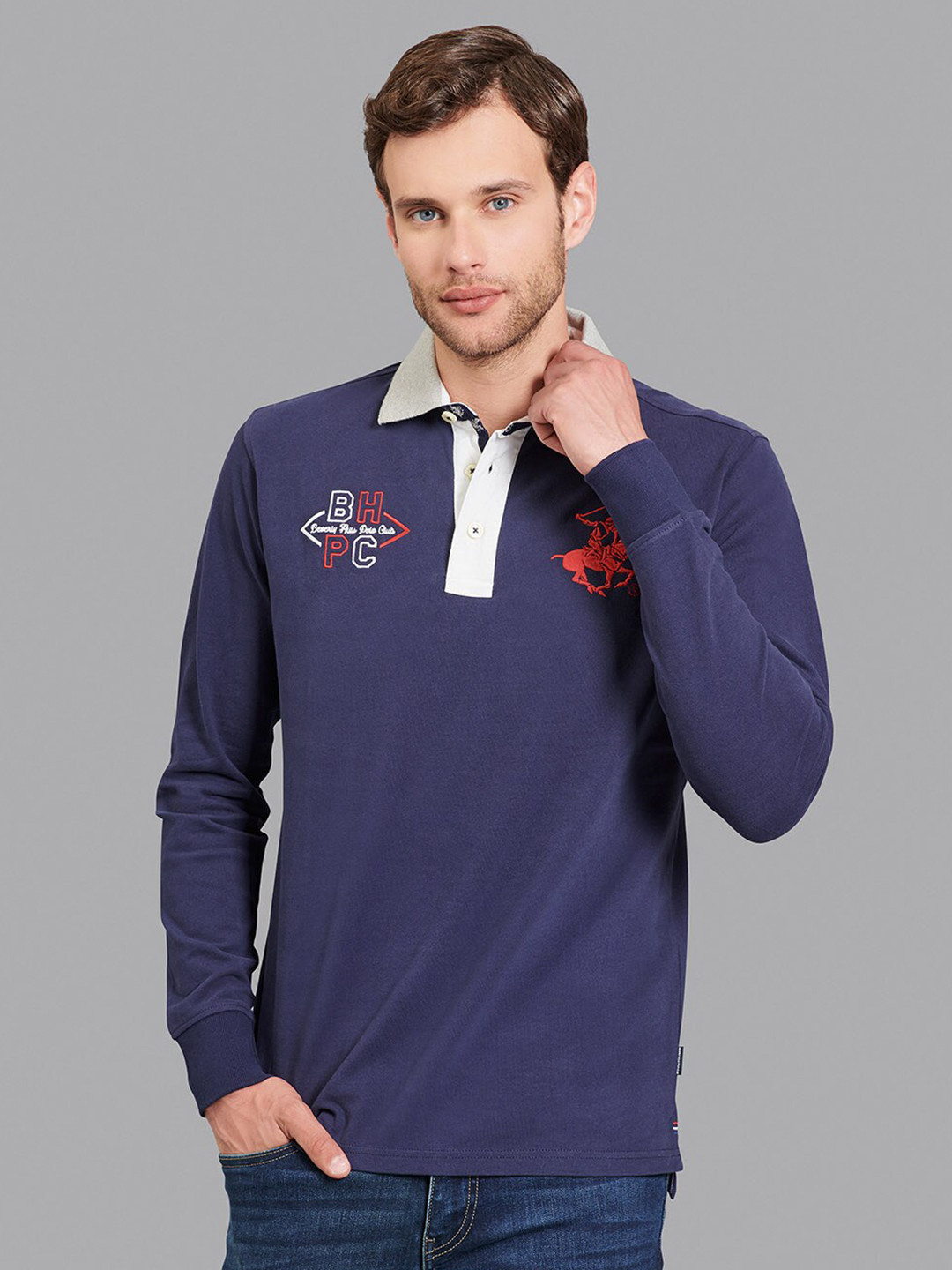 Beverly Hills Polo Club Men Navy Blue & Grey Polo Collar T-shirt