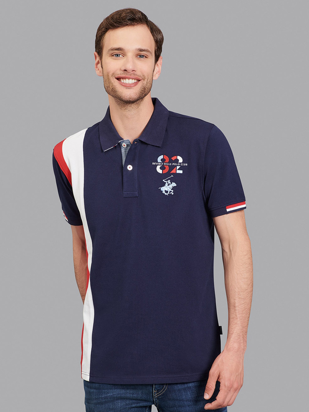 Beverly Hills Polo Club Men Navy Blue & White Polo Collar T-shirt