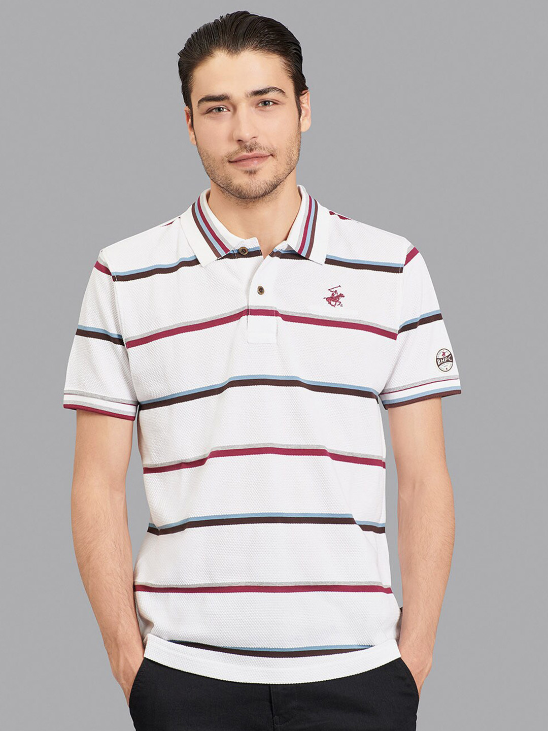 Beverly Hills Polo Club Men White & Maroon Striped Polo Collar T-shirt