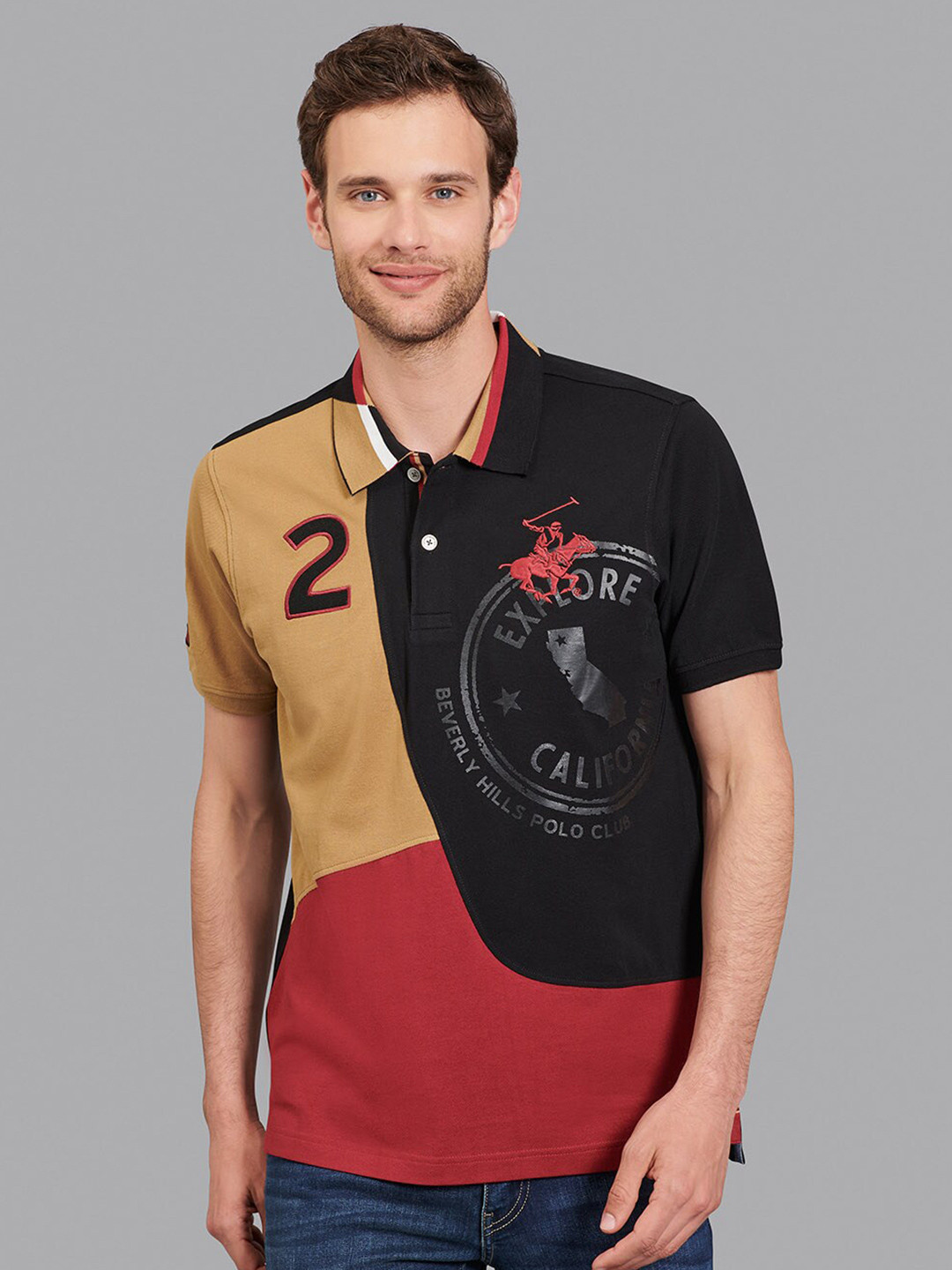 Beverly Hills Polo Club Men Black & Camel Brown Printed Polo Collar T-shirt